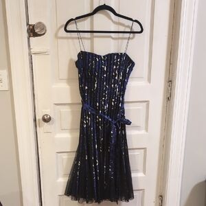 JS Collections Black And Blue Tulle Ribbon Stripe Cocktail  Dress